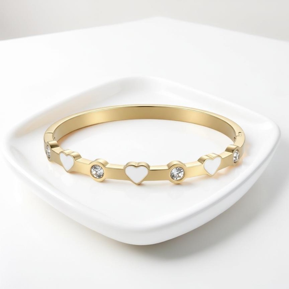 Chic 18K Gold Plated and Stainless Steel Gold and White Heart Bracelet